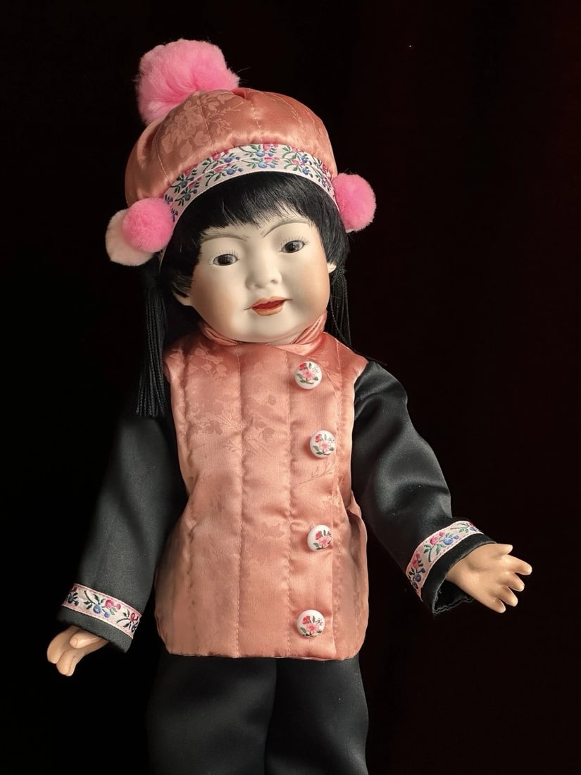 Vintage 16" Porcelain Repro. of Antique German Kestner JDK 243 Oriental Doll: This adorable doll has porcelain head and composition body. He is in overall good condition, with only small flaws to the torso, as shown in the photos.The doll is beautifully dressed and comes exactl