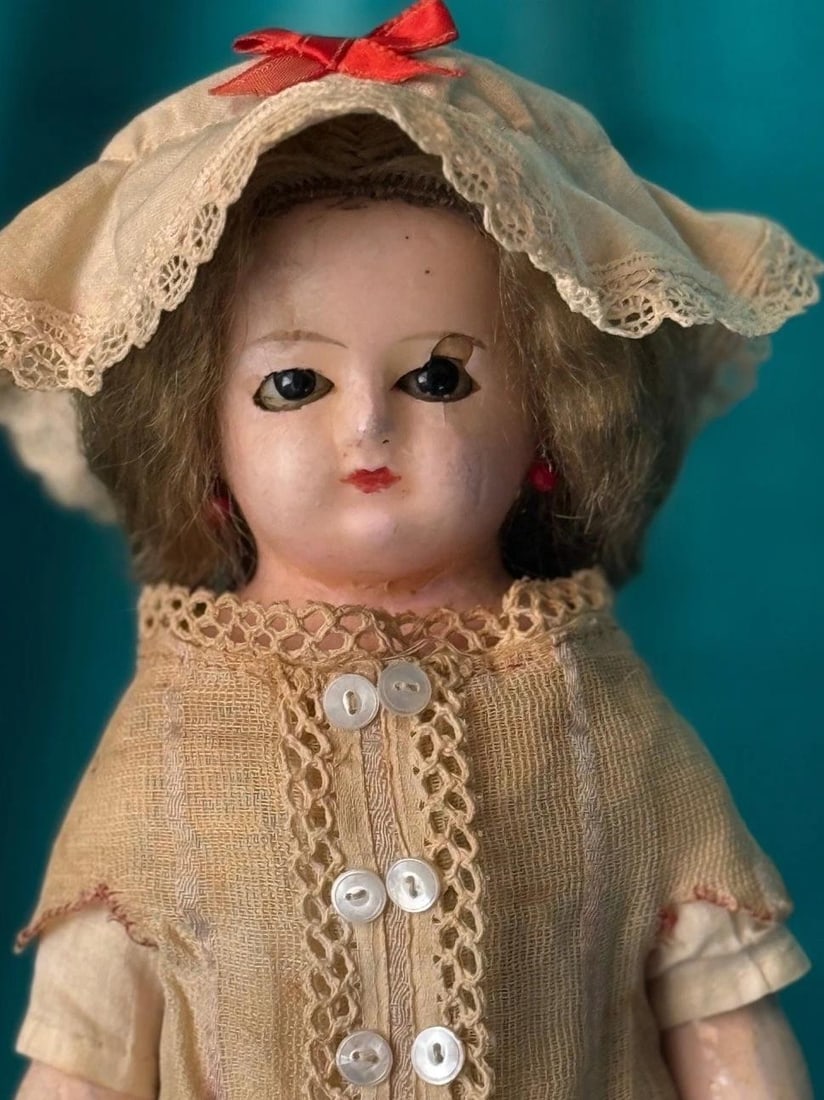 Antique German Wax Paper Mache 13" Doll with Glass Sleepy Eyes (1 of 20)