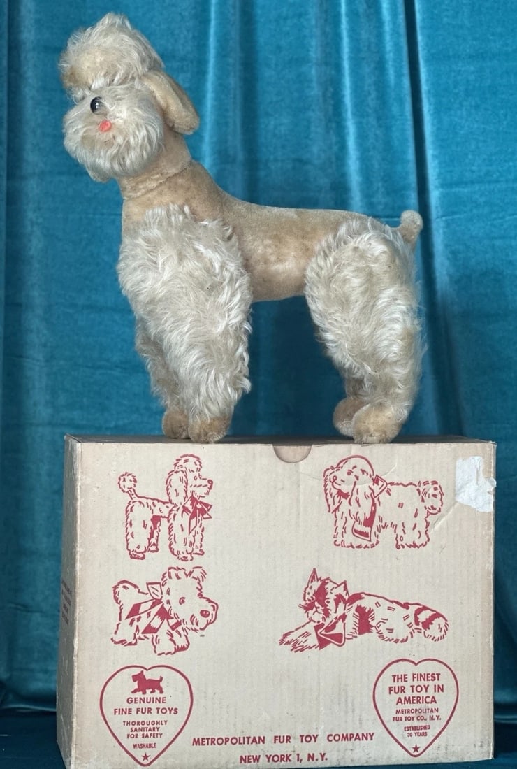 Vintage 1950's Stuffed Poodle Dog By Metropolitan Fur Toy Company Original Box: Original vintage, from 1950's, stuffed plush dog toy poodle created by Metropolitan Fur Toy Company. For the size please refer to the photo with the measuring tape. Comes with his original box - some