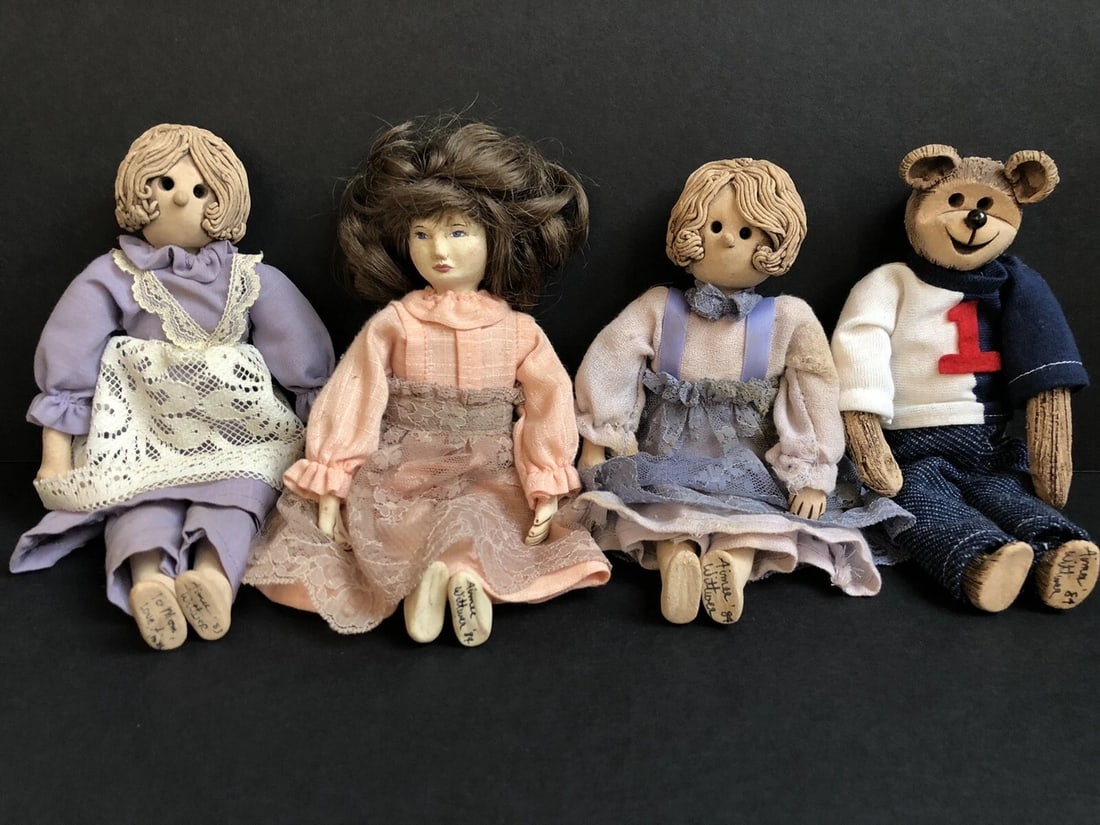 Lot of 4 OOAK Handmade Vintage Clay (?) Dolls Signed by Artist: Very interesting works by Wisconsin artist Aimee Wittwer. Their heads and lower limbs made of something that looks like clay but can be some other material. Their bodies are cloth. The dolls are signe