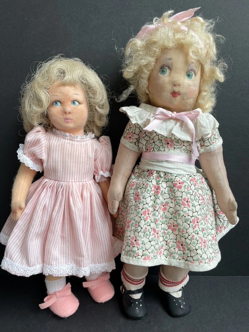2 Vintage Cloth Dolls: Antique French Gre-Poir (?) and Handmade Felt Doll: The older doll is approximately 15" tall. Looks like her features were repainted and it is hard to identify her based on the face. Her hair is sewn. The limbs are jointed and body and the limbs are ha