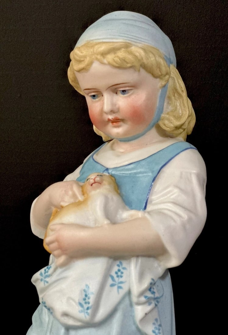 Antique Bisque Large 12" Figurine Girl Holding Cat Marked R In Blue Diamond: Marked at the base with capital 'R' in a blue diamond.Most likely German. Package dimensions: 16"-12"-8"