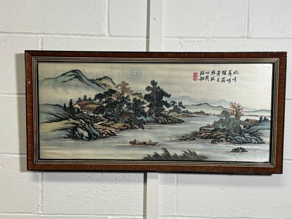Vintage Chinese Silk Embroidery Landscape with Riverboat Scene – 32” Framed Textile Art: 32&rdquo; x 15&rdquo; (002 white)Serene and story-rich, this 32" x 15" vintage Chinese silk embroidery captures a tranquil river journey through a misty mountain village. The hand-embroidered scene fe