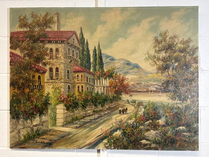 B.M. Brown Signed 40” x 30” Mediterranean Villa Landscape – Original Oil on Canvas: 40&rdquo; x 30&rdquo; (014 white)Step into a sun-drenched coastal dream with this richly detailed 40" x 30" oil painting by artist B.M. Brown. The scene captures an idyllic Mediterranean villa bordere