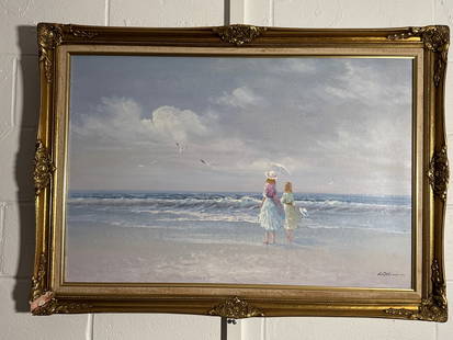 “Stroll by the Shore” – Signed Seascape Oil Painting by Watkins, 41” x 30” in: 41&rdquo; x 30&rdquo; (018 white) oil on canvasA peaceful and romantic shoreline scene, this 41&rdquo; x 30&rdquo; oil on canvas depicts two women in flowing dresses walking barefoot along the beach,
