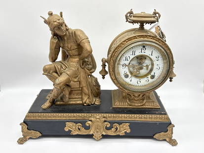 Ansonia Mantel Clock with Mercury Figure - (043 white): Magnificent antique Ansonia mantel clock featuring a cast spelter sculpture of Mercury—the Roman god of commerce, eloquence, and communication—seated thoughtfully beside the ornate round clock fac