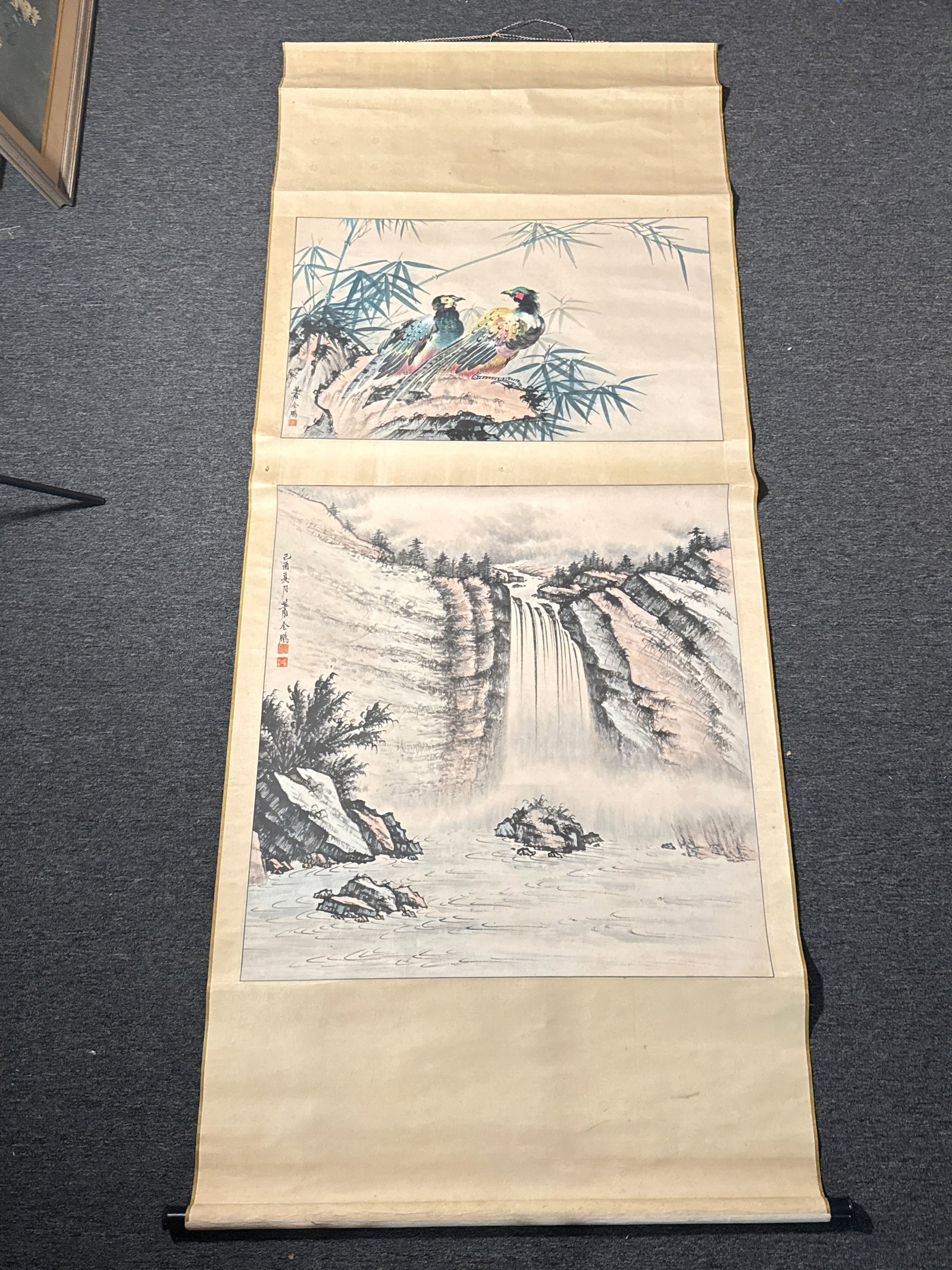 Signed Chinese Double Panel Hanging Scroll – Jinpeng Jiang (???) – Birds and Waterfall (1 of 10)