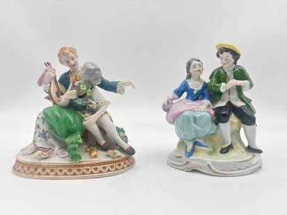 Pair of Vintage Porcelain Courting Couple Figurines – Marked Germany & Unmarked - (082 white): This delightful pair of vintage porcelain figurines features 18th-century-style courting couples captured in playful and romantic poses. One figurine is marked "Germany" with the number 72.7 incised o