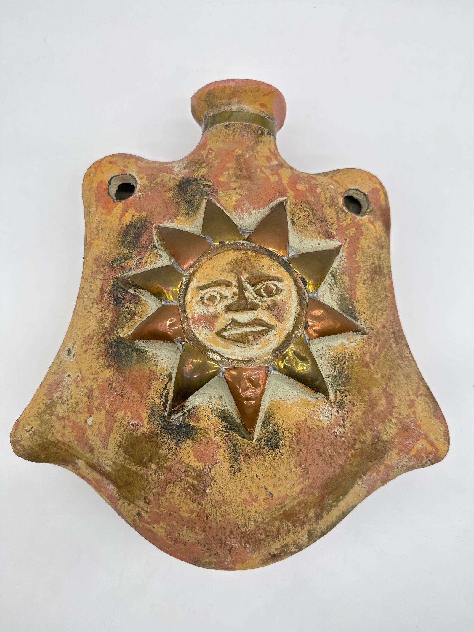 Rustic Sunface Terracotta Wall Flask with Glazed Rays – Folk Art Flair - (091 white) (1 of 7)
