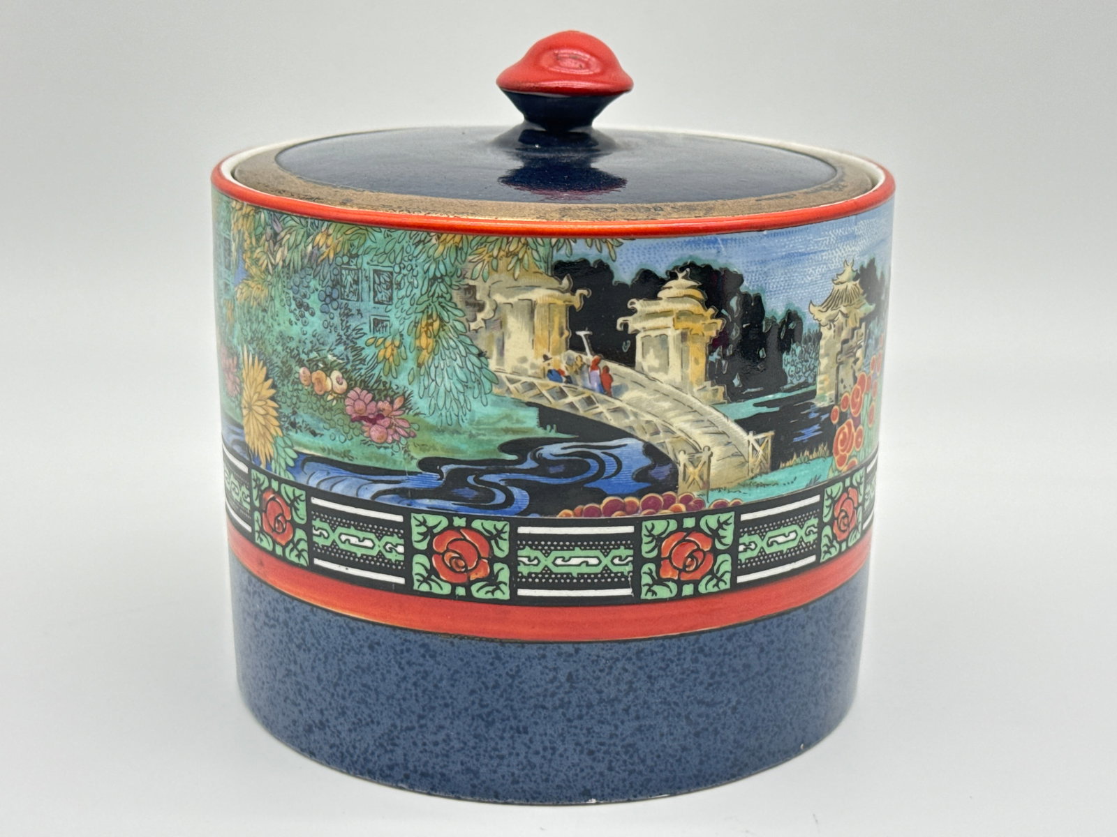 Colorful Chinoiserie Biscuit Barrel by B. B. & Sons Ltd., Pattern No. 7075N - (073 white) (1 of 9)
