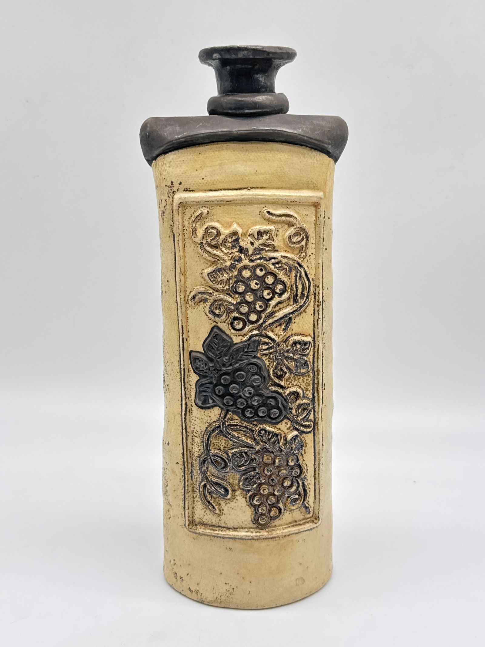 Vintage Studio Pottery Decorative Ceramic Vase with Grape Relief and Sculptural Stopper (094 white) (1 of 6)