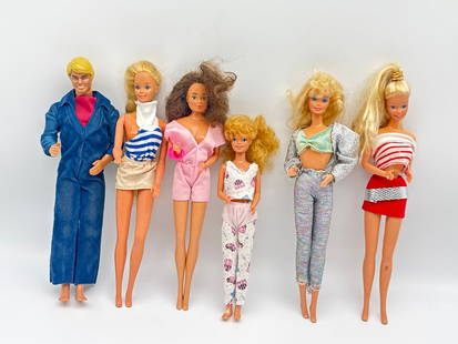 Lot of 6 Vintage Barbie & Ken Dolls – 1980s–1990s Assorted Outfits & Styles (103 white): Flashback to the fabulous world of fashion and fun with this mixed lot of 6 vintage Barbie and Ken dolls from the late 1980s to early 1990s. The group includes 5 Barbie dolls and 1 Ken, each dressed i