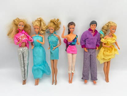 Lot of 6 Vintage Barbie & Ken Dolls – 1980s–1990s Fashion Mix with Glam & Retro Vibes (104: Get ready to sparkle with this colorful collection of 6 vintage Barbie and Ken dolls from the late 1980s to 1990s. The lot includes 5 Barbie dolls and 1 Ken, each dressed in standout retro styles—me