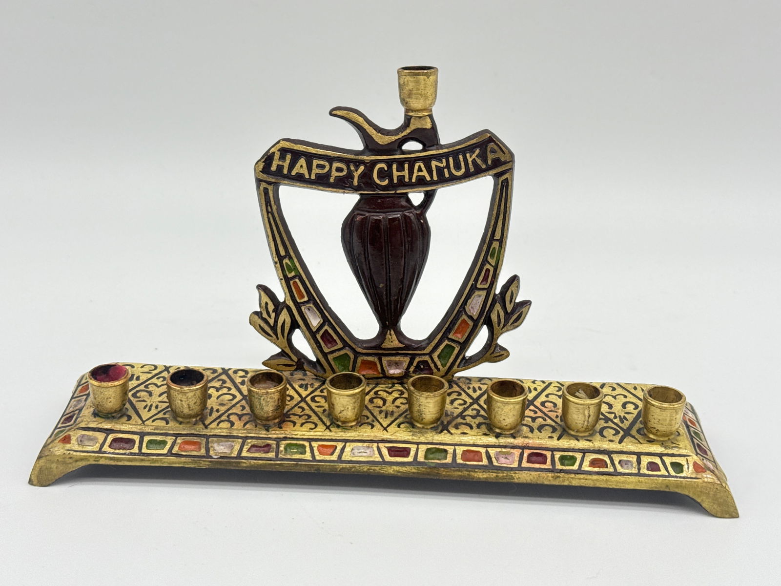 Vintage Brass “Happy Chanuka” Hanukkah Menorah with Enamel Accents – Oil Jug Design (107 (1 of 4)