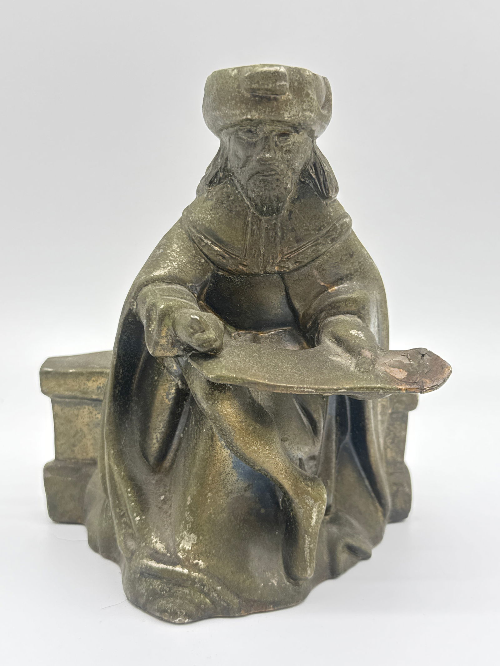 Vintage Gorham Horizon Brass Sculpture – Old Testament Prophet Figure (108 white): A powerful and contemplative brass sculpture by Gorham from their limited Horizon collection, depicting an Old Testament prophet seated in flowing robes, scroll in hand. Cast in solid brass with a ric