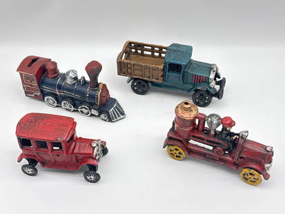 Vintage Cast Iron Toys – Pumper Fire Truck, Hubley Truck, Arcade Model T Sedan, and Locomot - 110W: (110 white)Step back in time with this charming collection of four vintage cast iron toys, each with its own nostalgic appeal and solid construction. This lot includes:Vintage Cast Iron Pumper Fire Tr