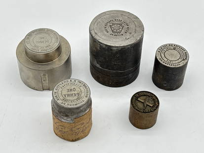 Antique Masonic & R.A.M. Coin Dies – Rare Lodge Penny Dies (123 white): A unique offering for collectors of fraternal order artifacts, this lot of six original metal coin dies represents various Masonic and Royal Arch Chapters, each with detailed engravings and historical