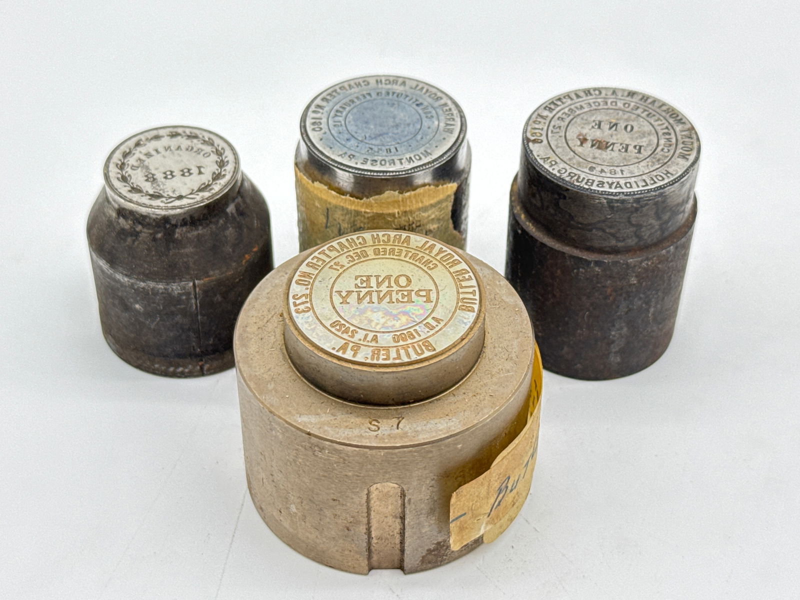 Antique/vintage Masonic Penny Token Dies–Butler, Montrose, Hollidaysburg PA&1881 Laurel Wreath (1 of 6)