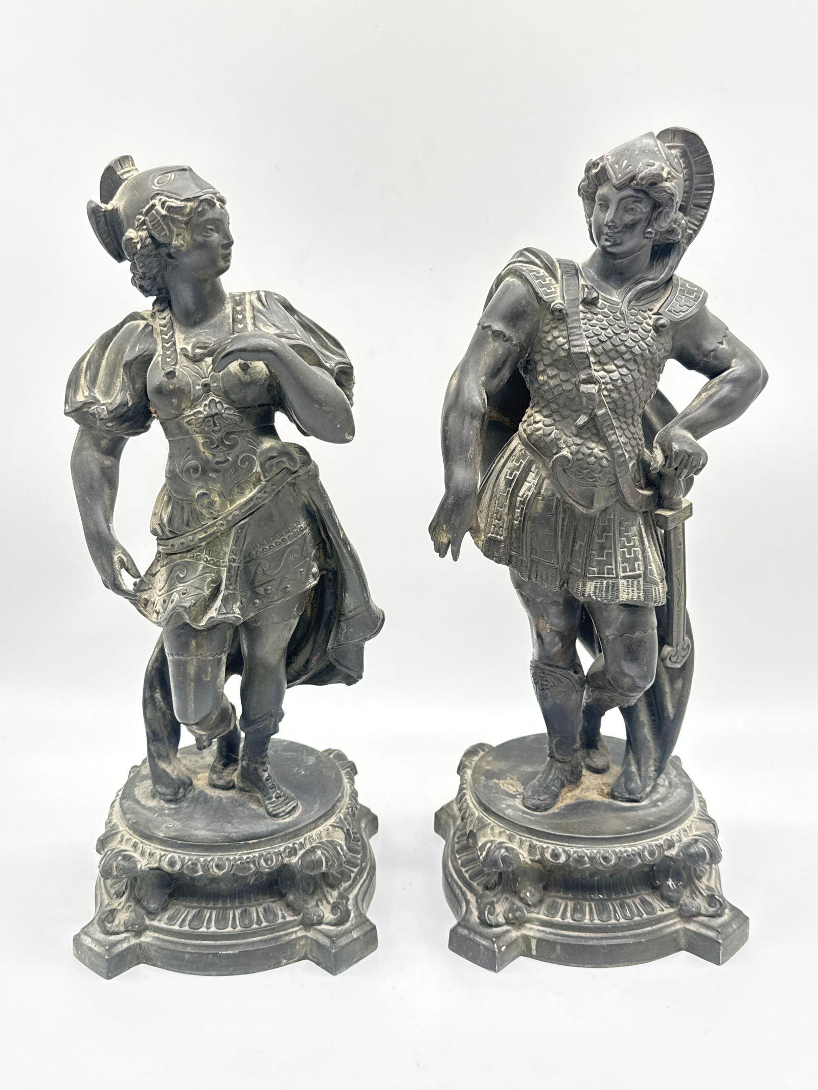Vintage Don Juan & Don Cesar Spelter Statues – Bronzed Cast Metal Musketeer Figures(130 white) (1 of 4)