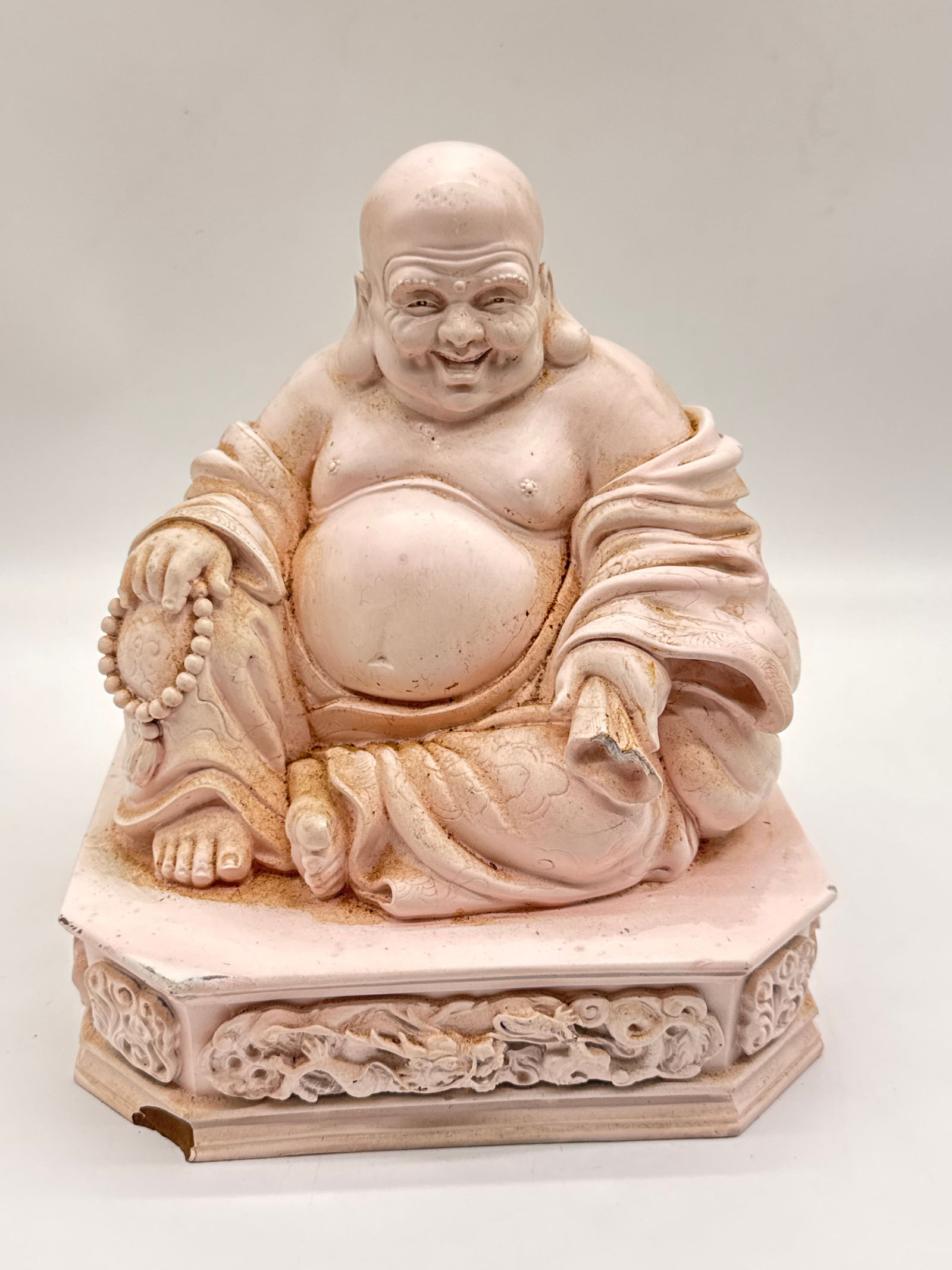 Large Laughing Buddha Statue on Ornate Base – Weather-Resistant White Cement (152 white) (1 of 9)