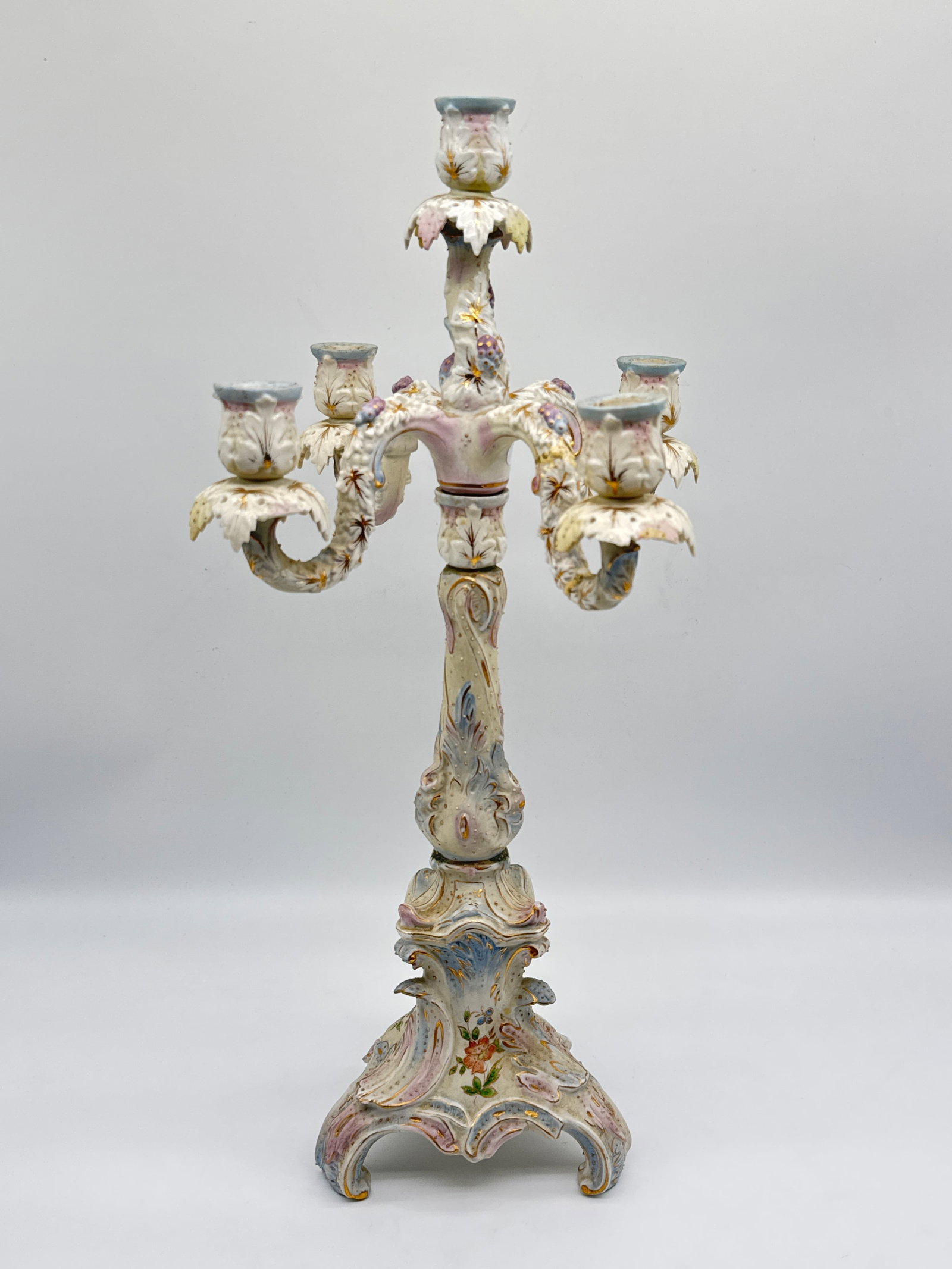 Italian Porcelain Rococo Revival Candelabra –Floral Centerpiece, 20" tall (166 white) (1 of 9)