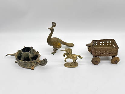 Antique and Vintage Cast Brass & Bronze Figurines – Peacock, Unicorn, Cart & Turtle(174 white): A fascinating group of four cast metal collectibles from different eras and regions, perfect for lovers of unique decor and antique metalwork. The lot includes:A regal cast brass peacock with delicate