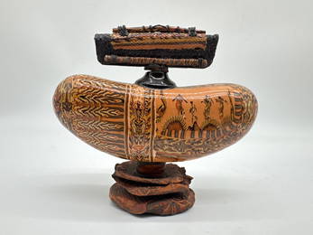 Claire Roger Signed Covered Gourd Flask Sculpture – Tribal-Inspired  -178white