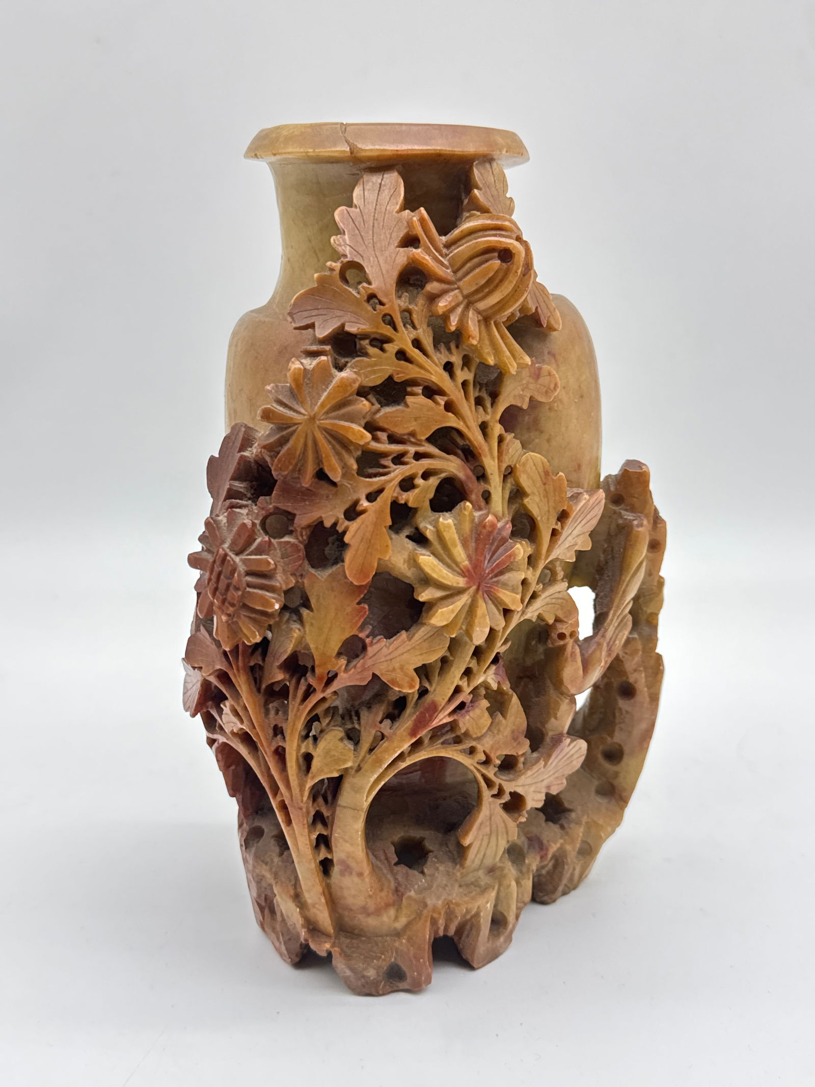 Vintage Chinese Soapstone Carved Floral Vase – Intricate Hand-Carved Detail - 177 white: This mesmerizing 8” tall soapstone vase is more than just a vessel—it’s a sculpture frozen in bloom. Hand-carved from natural soapstone, it features an explosion of chrysanthemums and leafy