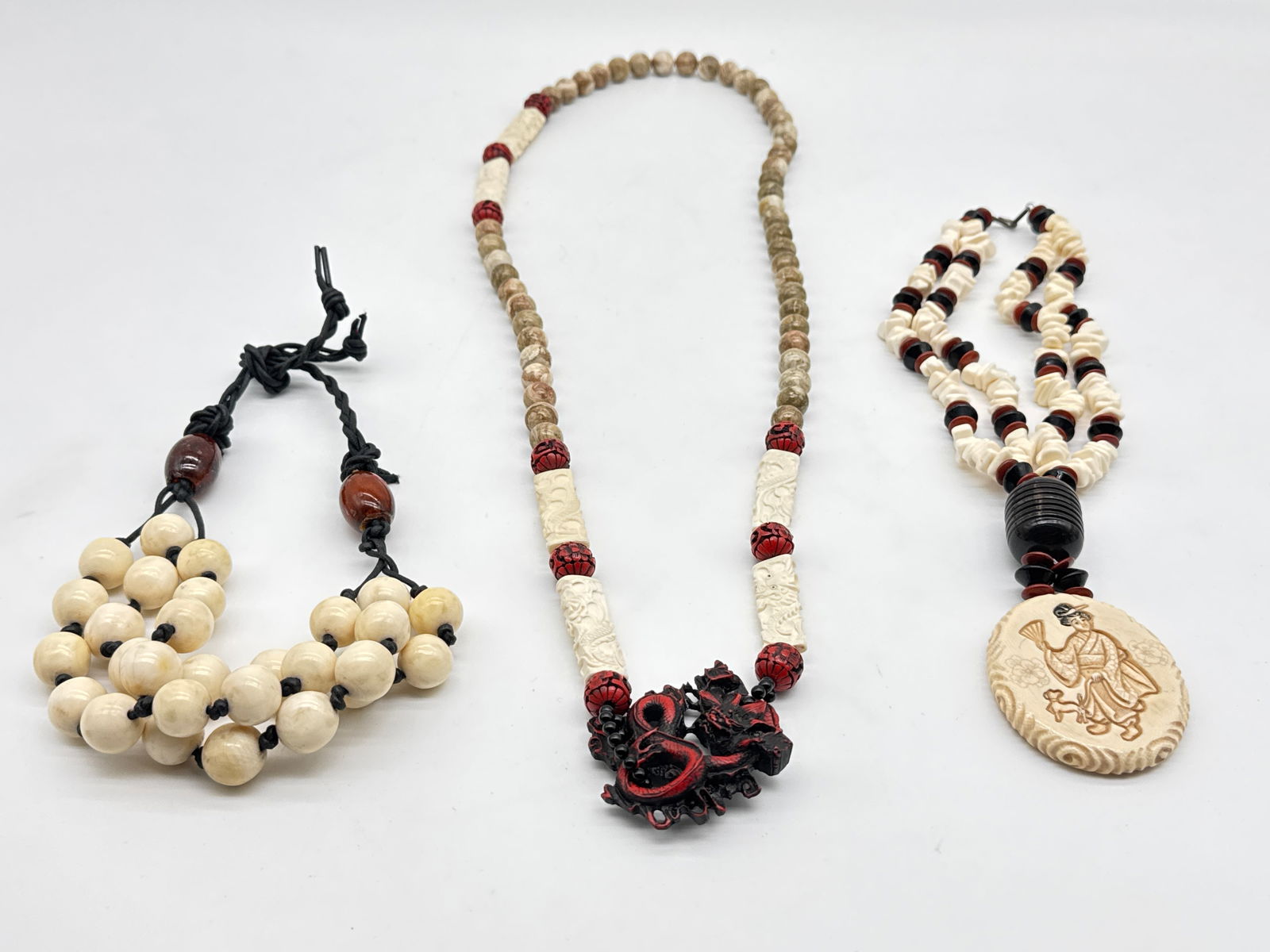 3 Ethnic-Inspired Statement Necklaces – Dragon Pendant, Geisha Medallion, and Tribal Wood Beads (1 of 10)