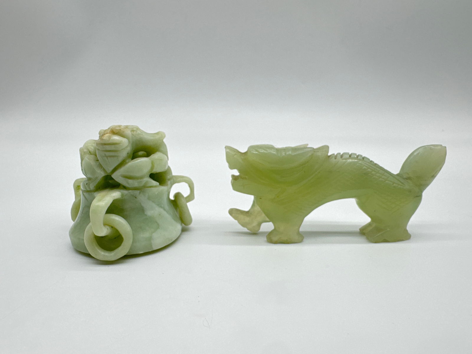 Vintage Carved Soapstone or Jade-Style Figures – Mythical Beast & Lidded Vessel Top - 193 white (1 of 6)