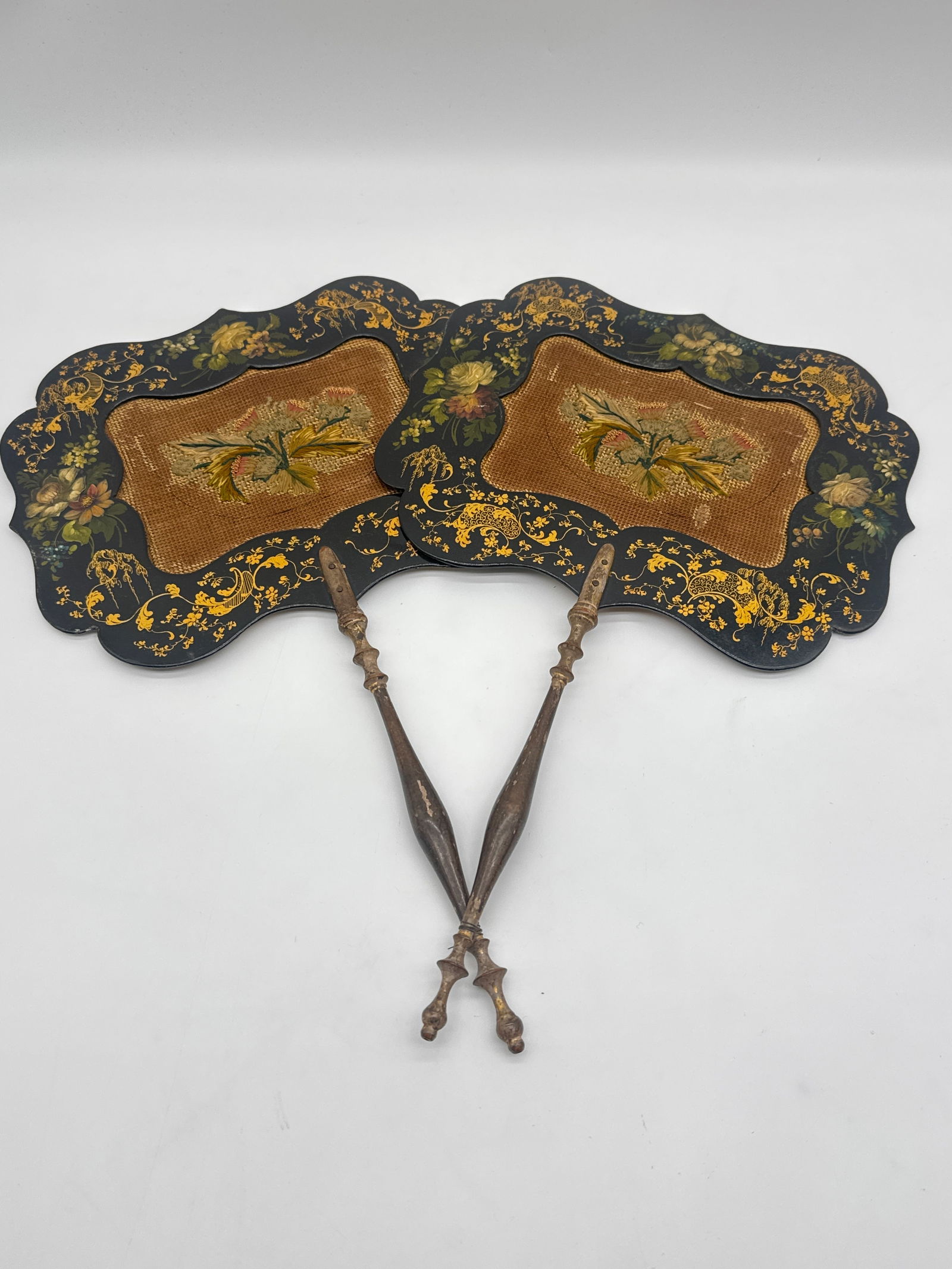 Antique Victorian Pair Face Screens Fan Lacquered Hand Painted Papier Mache Floral Design -194 white (1 of 7)