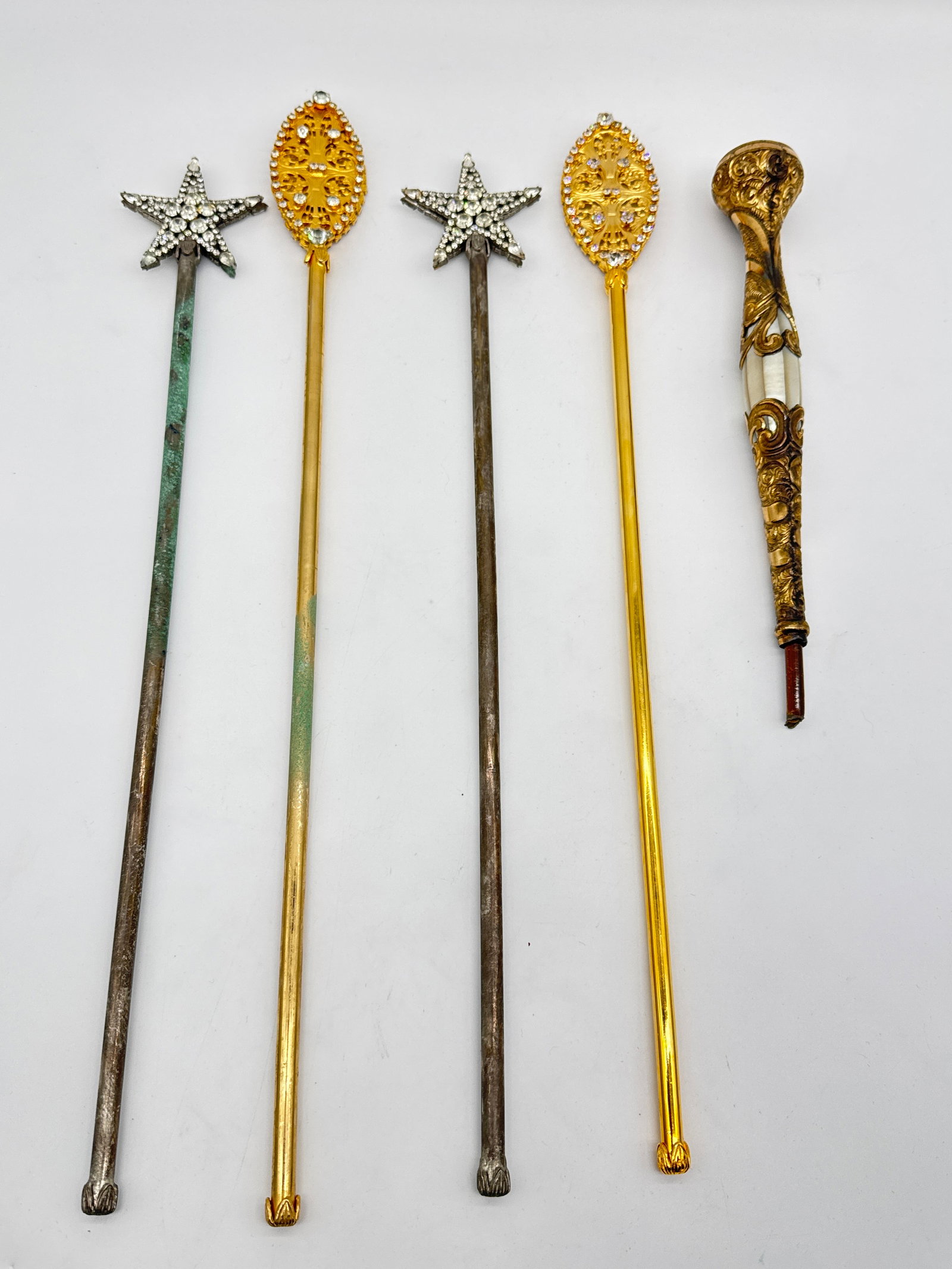 Vintage Theater Wand Lot & Ornate Mother-of-Pearl Handled Parasol Tip or Cane Handle - 199 white (1 of 5)