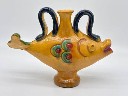 Vintage Hand-Painted Ceramic Fish Vessel – Folk Art Style Pottery with Dual Handles (015 orange): A splash of whimsy for your shelf! This vintage hand-painted ceramic vessel is delightfully shaped like a stylized fish, complete with vibrant glazes in ochre, cobalt blue, green, and red. Sculptural