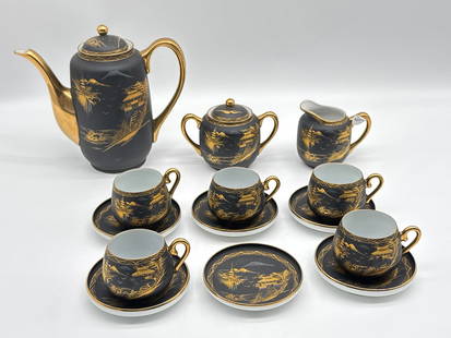 Vintage Black & 24K Gold Lithopane Geisha Tea Set – Partial Set of 6 (018 orange): Exquisite and elegant, this vintage black porcelain tea set features ornate 24K gold trim and lithopane Geisha images visible when holding the teacups to the light—a beloved hidden detail popular in