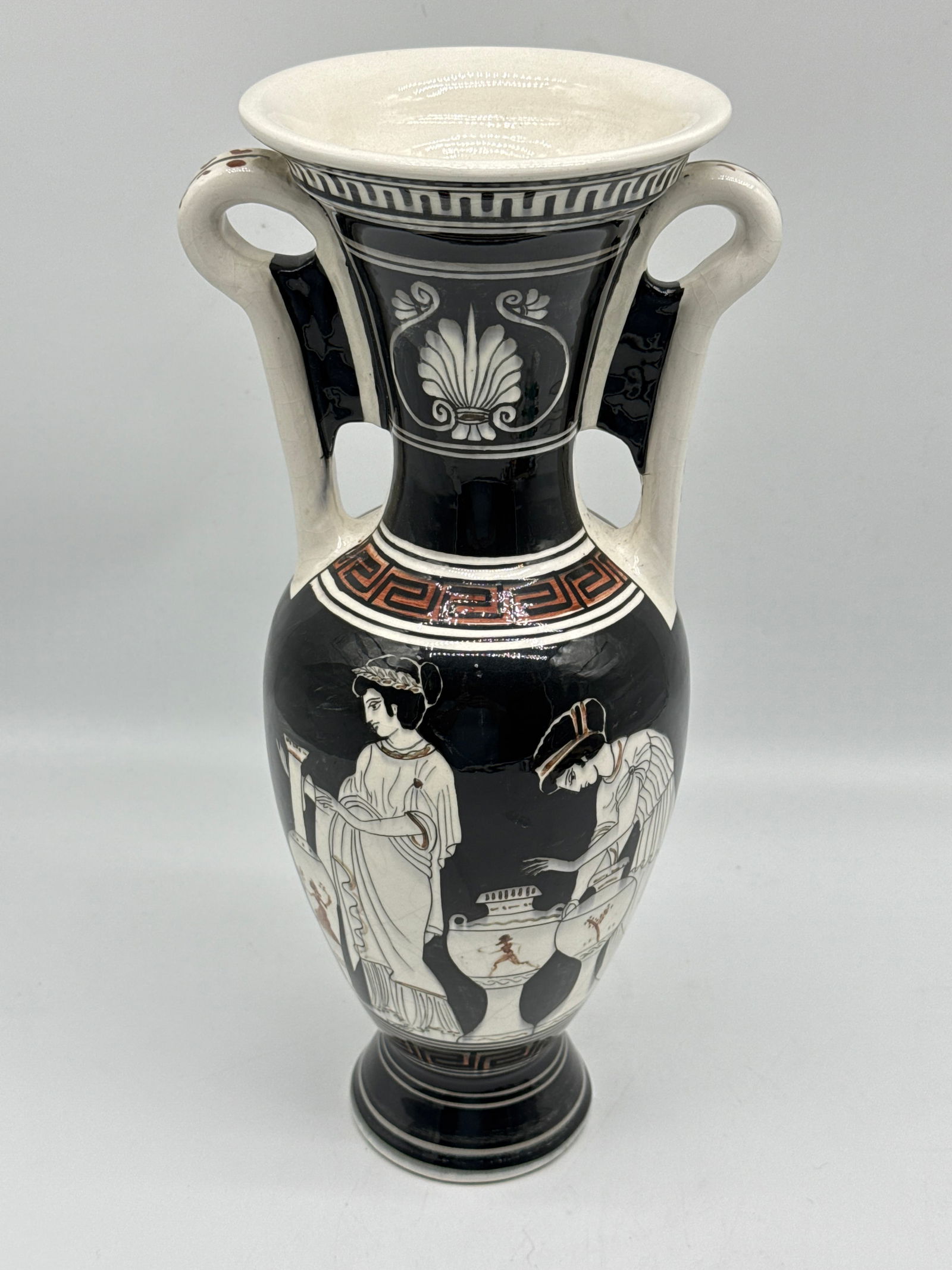 14" Tall Greek-Style Ceramic Amphora Vase – Black & White Figural Scene with Twin Handle(022: This grand amphora-style vase captures the aesthetic of ancient Greece—minus the excavation dust.Standing an impressive 14 inches tall, this ceramic amphora vase features a black and white figural m