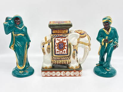 Vintage Ceramic Elephant Plant Stand & Pair of Blackamoor-Style figures  G(025 orange): This eye-catching trio of mid-century decorative art pieces features exotic and regal styling sure to elevate any space with dramatic flair:1 Glazed Ceramic Elephant Plant Stand: Asian-style ceramic e