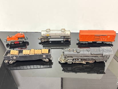 Vintage Lionel Train Cars & Locomotive Lot – Mixed Rolling Stock w/ Steam Engine (040 orange): All aboard this nostalgic ride! This lot includes five vintage Lionel train pieces featuring a well-loved Lionel steam locomotive, assorted rolling stock including a N&W coal car with wood log load, a