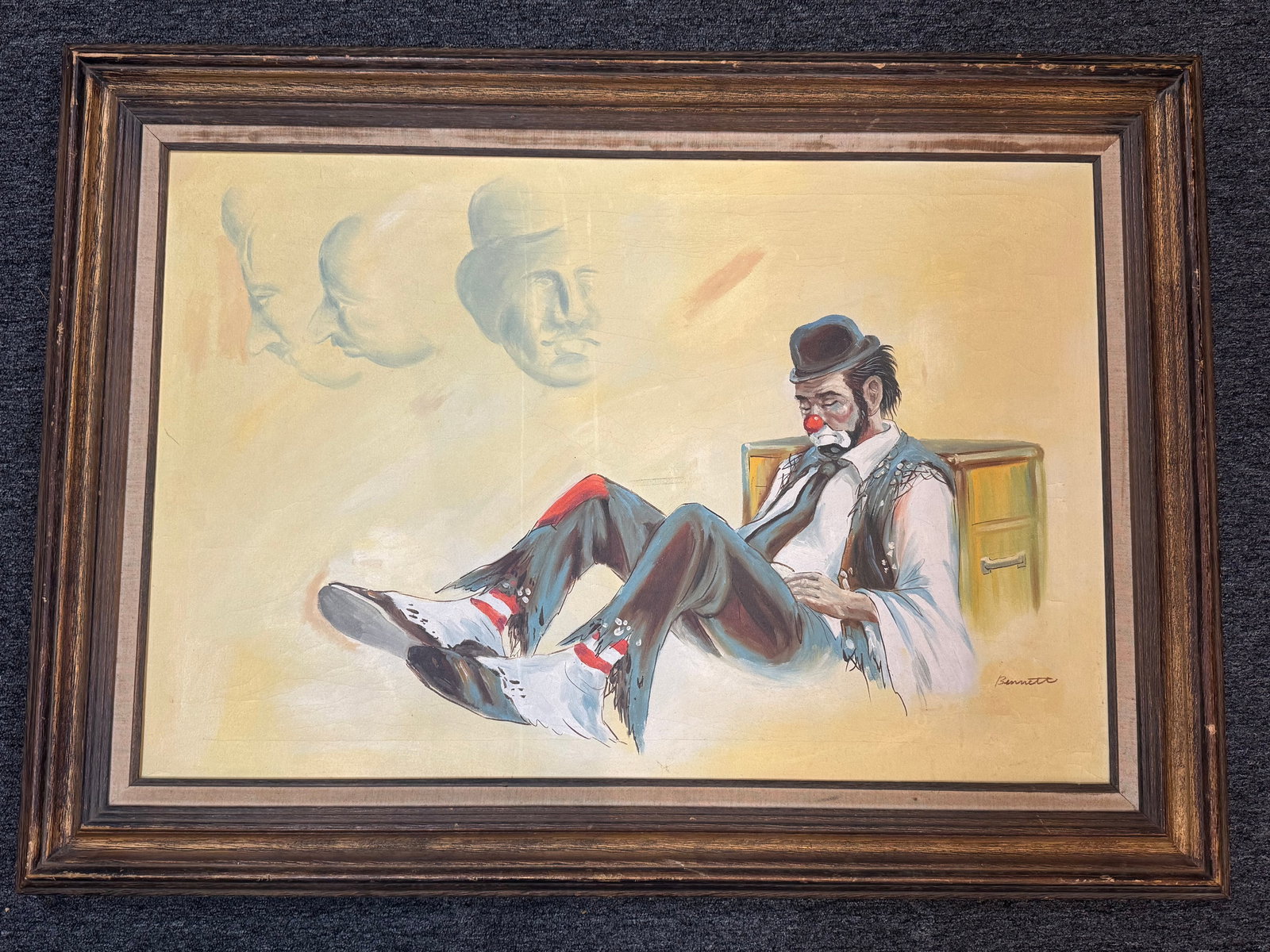 Original Signed Clown Painting by Bennett – Expressive Portrait of a Seated Clown - O52 orange (1 of 4)