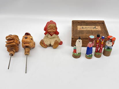 Vintage Hand-Carved Wooden Folk Art Figurines & Decorative Stoppers - 058 orange: Add a touch of global charm and whimsy to your shelf with this eclectic lot of vintage hand-carved and hand-painted folk art collectibles. Included are:- Two expressive carved wood bottle stoppers fea