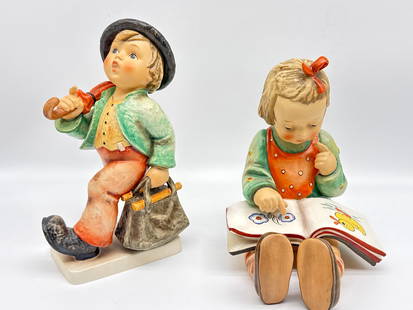 Pair of Large 1972 Goebel Hummel-Style Figurines – Boy with Umbrella & Girl Reading - 069 orange: Step into a storybook world with this charming pair of large-scale Goebel figurines from West Germany, both dated 1972. The boy, dressed in bright alpine attire with a walking stick and travel bag, me