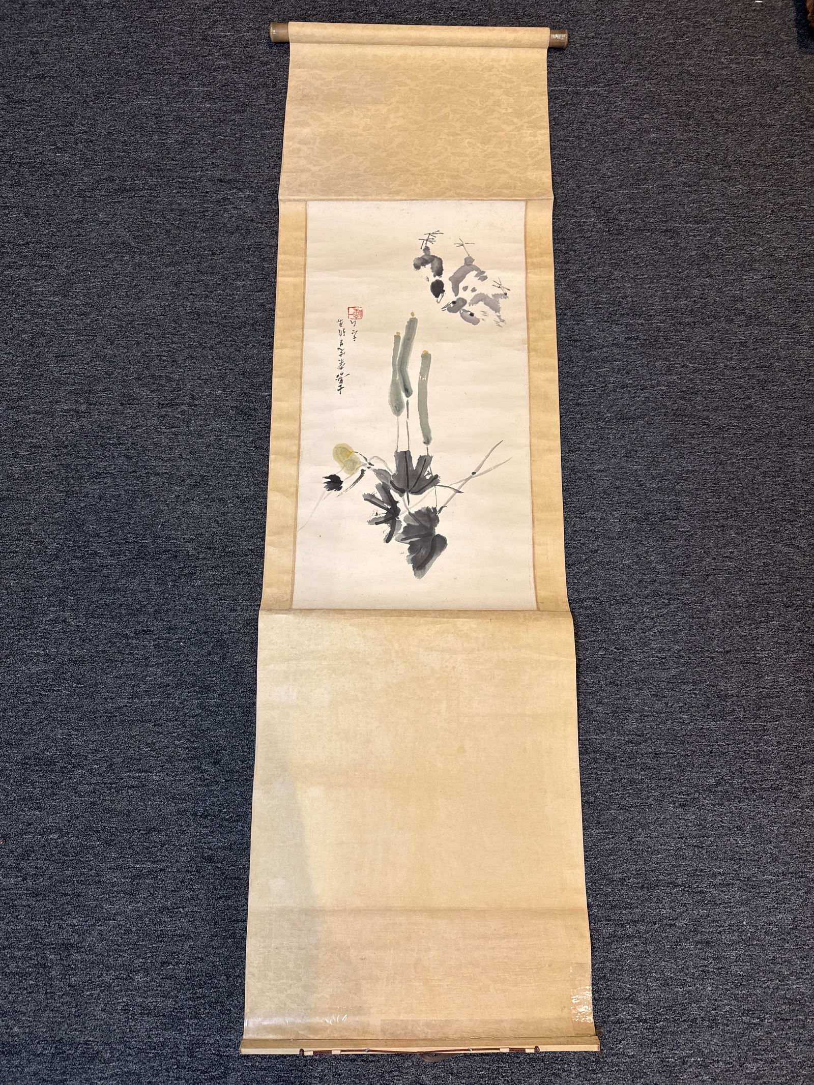 Vintage Asian Hanging Scroll – Watercolor Lotus & Calligraphy with Red Seal - 080 orange (1 of 5)