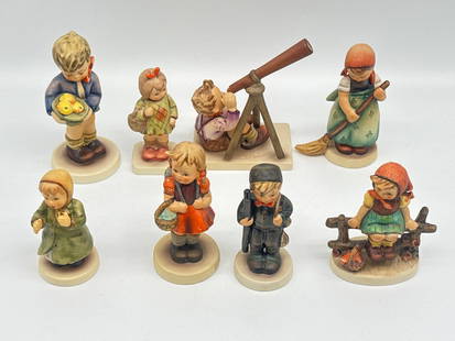Goebel Hummel Figurines – W. Germany – M.I. Hummel Club Editions - 082 orange: A charming collection of 9 original Hummel figurines by Goebel, W. Germany. This group includes a variety of endearing children in traditional German attire, engaged in activities like sweeping, playi