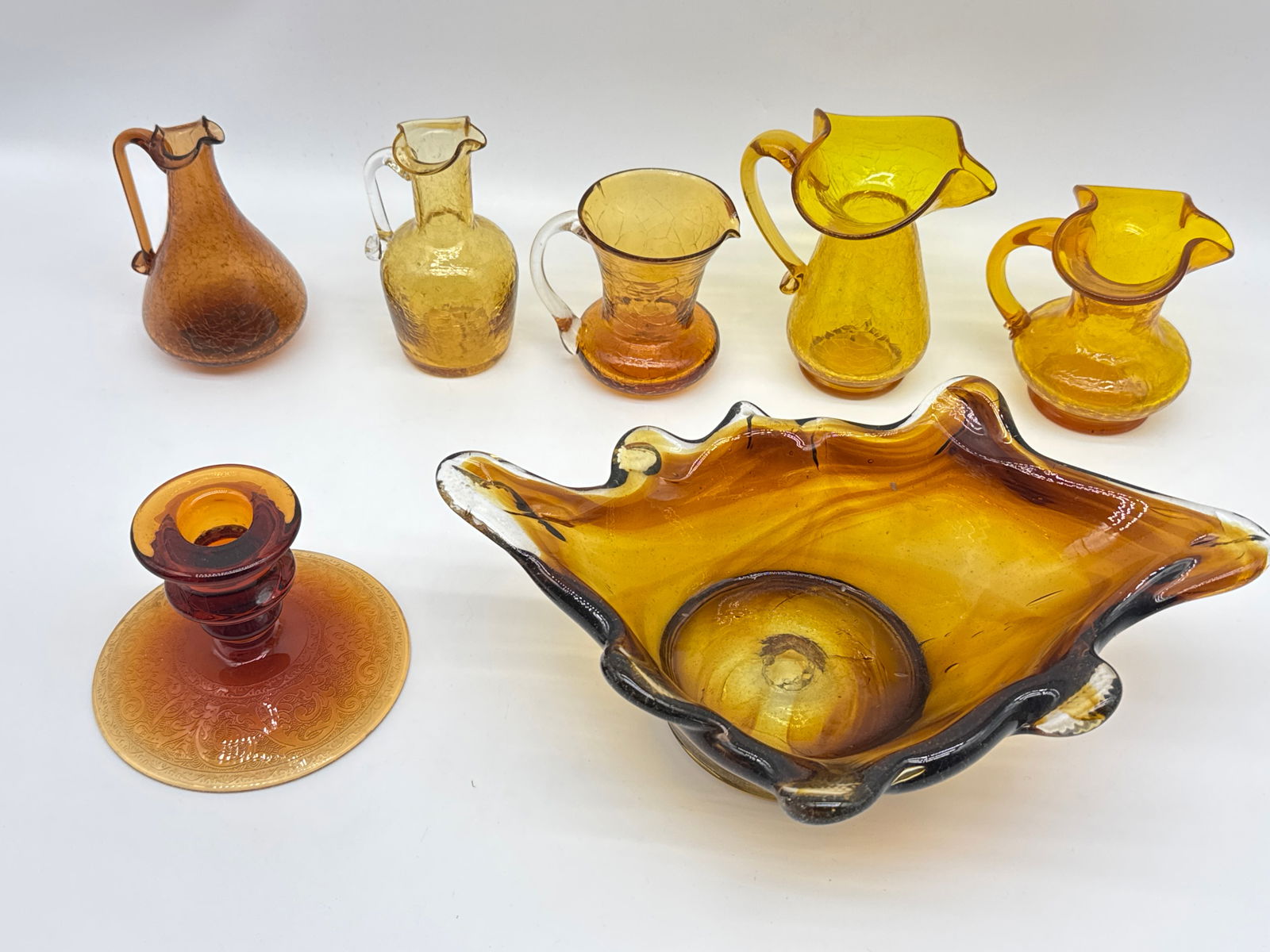 Large Mid-Century Modern Amber Art Glass Lot – Splash Design Bowl, Crackled Pitchers i088 orange (1 of 8)