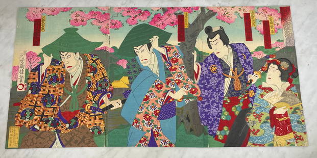 Utagawa Kunisada III (1848-1920) Triptych of ôban tate-e prints depicting a kabuki theatre scen: Utagawa Kunisada III (1848-1920) Triptych of &#244;ban tate-e prints depicting a kabuki theatre scene with four actors under cherry blossoms, signed &#8220;Oju K&#244;ch&#244;r&#244; hitsu&#8221; on t