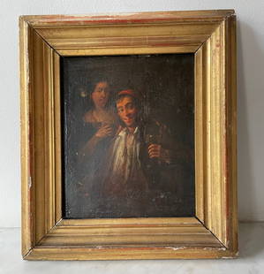 Oil painting on panel - Genre scene, 19th century Depicting a couple in a genre scene: a smiling man: Oil painting on panel - Genre scene, 19th century Depicting a couple in a genre scene: a smiling man holding a bottle, accompanied by a woman wearing a flower, in a warm and lively atmosphere. Dark pa