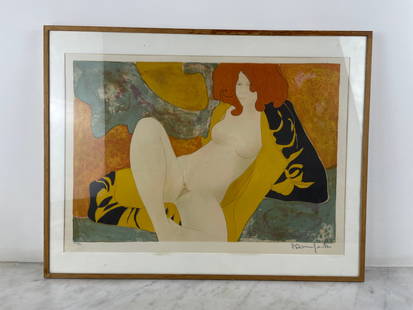 Alain Bonnefoit (born in 1937) - Original lithograph Seated female nude, red hair, yellow and: Alain Bonnefoit (born in 1937) - Original lithograph Seated female nude, red hair, yellow and black drapery, abstract background with warm tones, sensual and decorative composition, art nouveau influe