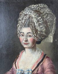 French school, late 18th century. Portrait of a woman with a blue headdress and bow. Hairstyle
