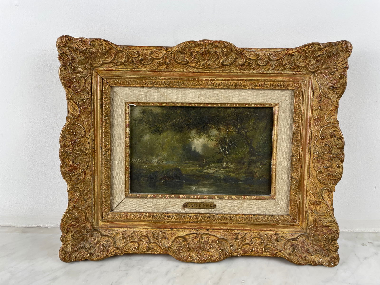 Henri Langerock (1830-1915), oil on panel, signed lower left. Woman by the river.  Louis XV style (1 of 4)