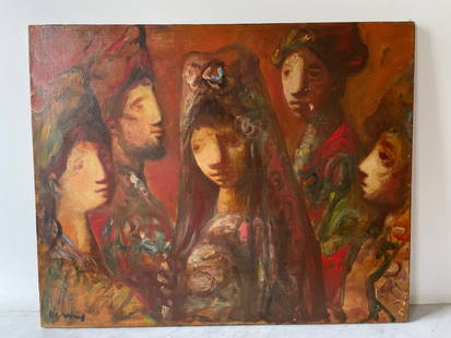 Sylvain Vigny (1903-1970) - signed Group of stylized figures Oil on canvas depicting a group of five: Sylvain Vigny (1903-1970) - signed Group of stylized figures Oil on canvas depicting a group of five figures with stylized, elongated faces, in an expressive and dreamlike composition, typical of Sylv