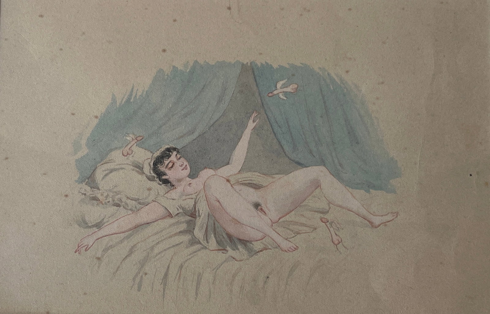 Drawing of a naked woman dreaming of a cherub's penis. Anonymous drawing, naked woman dreaming of a: Drawing of a naked woman dreaming of a cherub's penis. Anonymous drawing, naked woman dreaming of a cherub's penis, framed under glass. 18 cm x 11.5 cm (without frame).